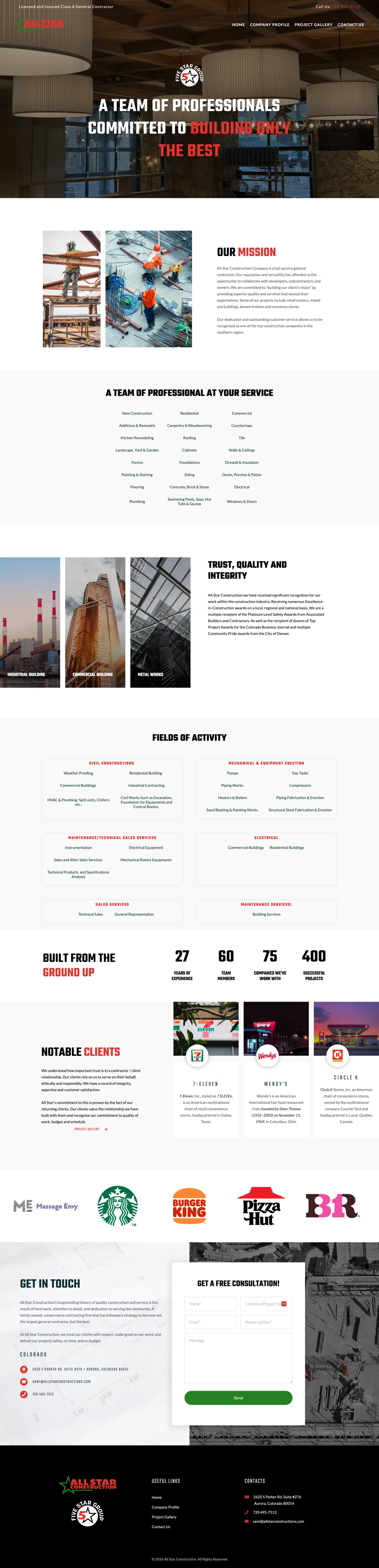 All Star Constructions Webflow site — full homepage screenshot