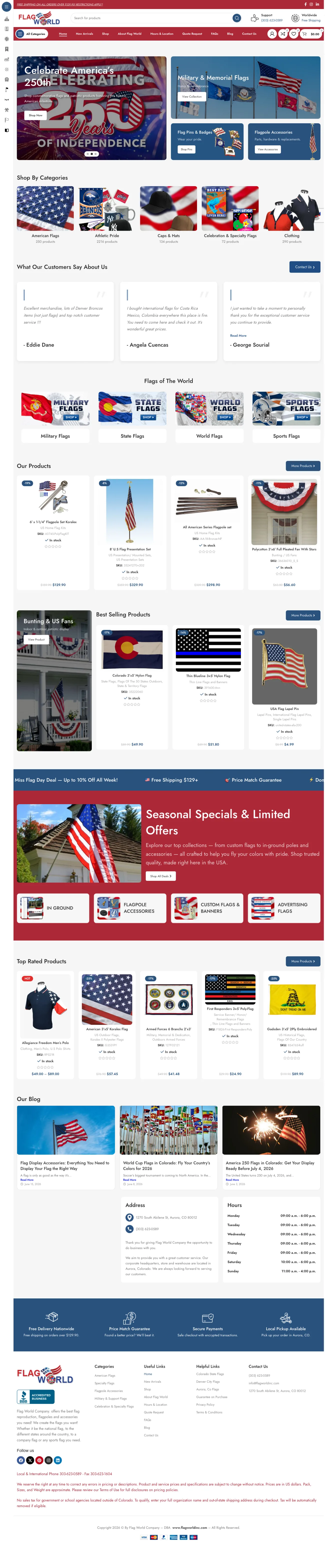 Flag World Company WordPress/WooCommerce storefront — full homepage screenshot